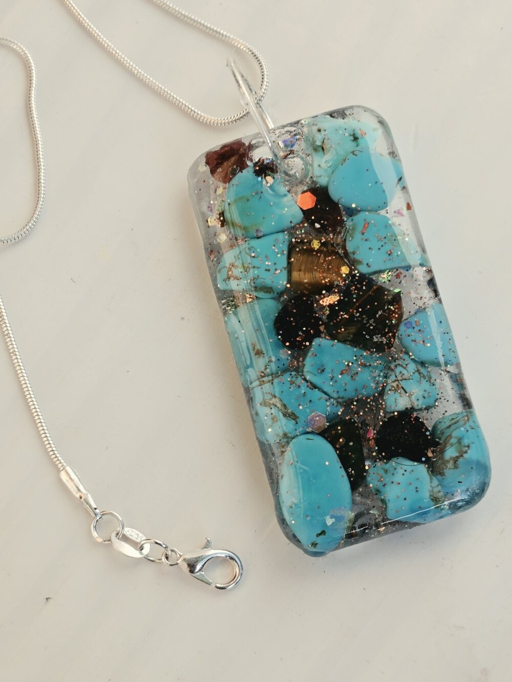 Turquoise & Tigers Eye Pendant Necklace with Silver Chain